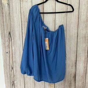 Chic One-Shoulder Blue Blouse